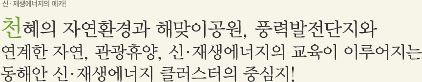 신 &middot; 재생에너지의 메카! 천혜의 잔연환경과 해맞이공원, 풍력발전단지와 연계한 자연, 관광휴양, 신 &middot; 재생에너지의 교육이 이루어지는 동해안 신 &middot; 재생에너지 클러스터의 중심지!